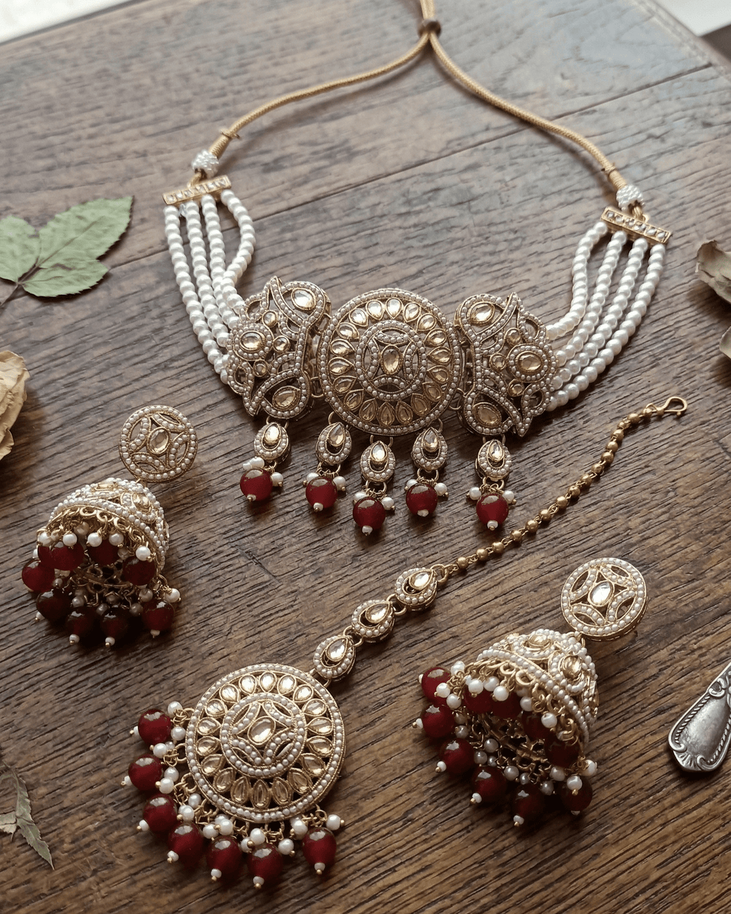 Royal Pearl & Emerald Red Choker Set with Earrings and Maang Tikka - Sannu Fashion Store