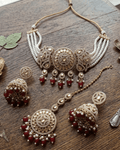 Royal Pearl & Emerald Red Choker Set with Earrings and Maang Tikka - Sannu Fashion Store