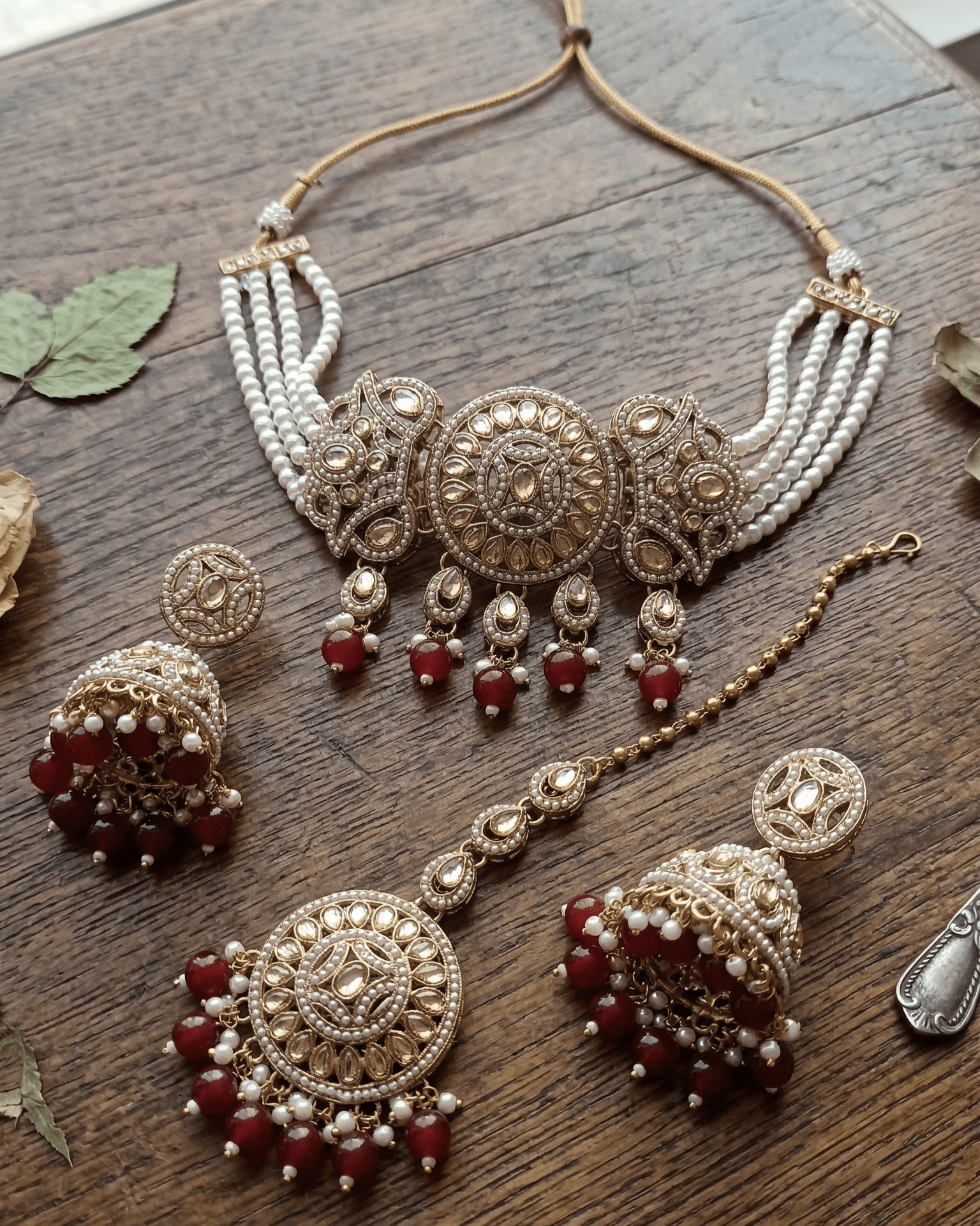 Royal Pearl & Emerald Red Choker Set with Earrings and Maang Tikka - Sannu Fashion Store