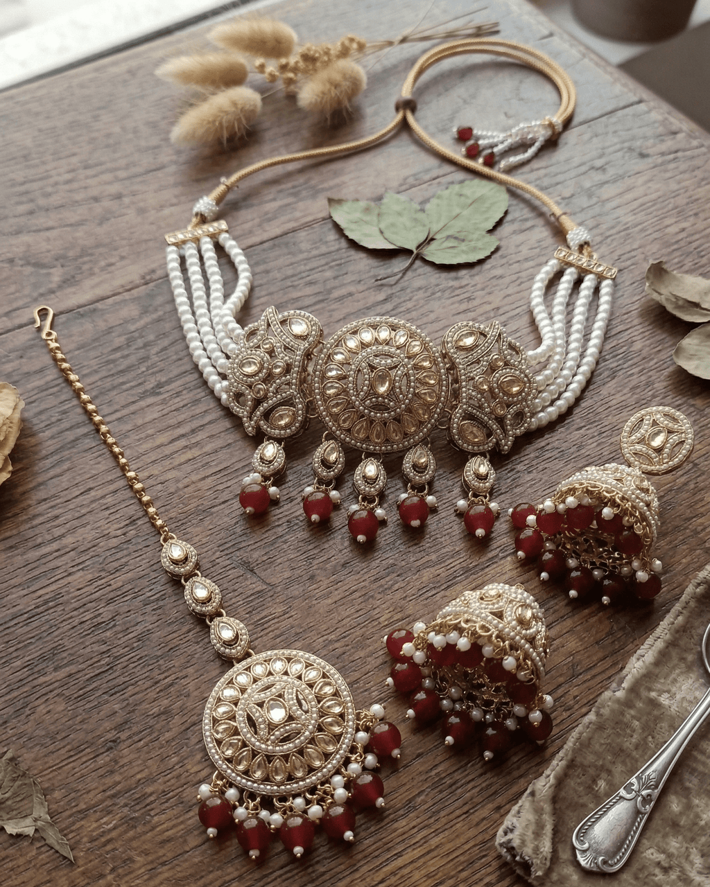 Royal Pearl & Emerald Red Choker Set with Earrings and Maang Tikka - Sannu Fashion Store