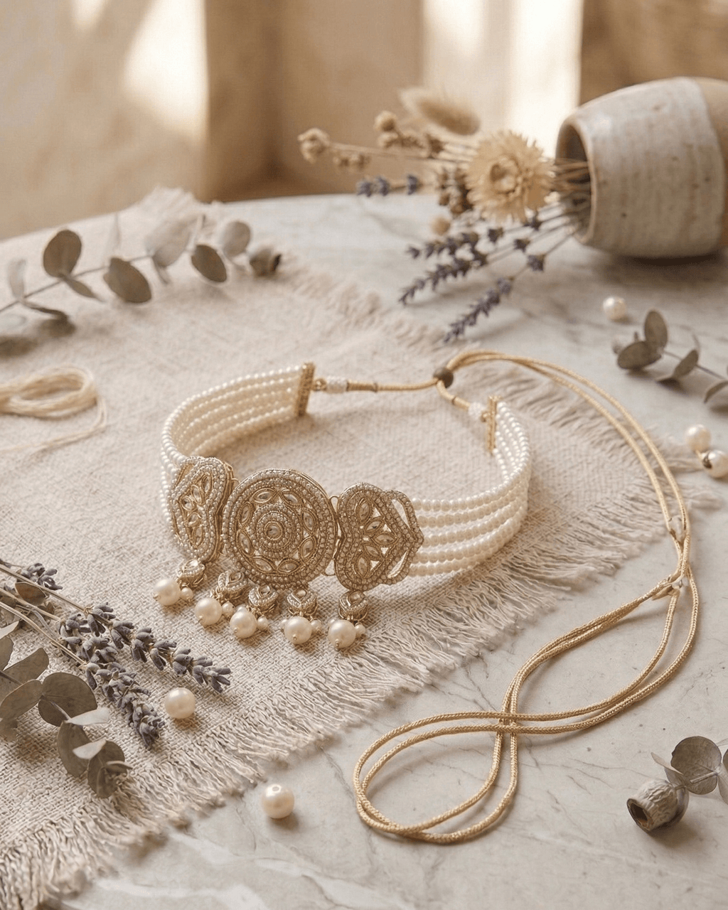 Royal Pearl & Emerald White Choker Set with Earrings and Maang Tikka - Sannu Fashion Store
