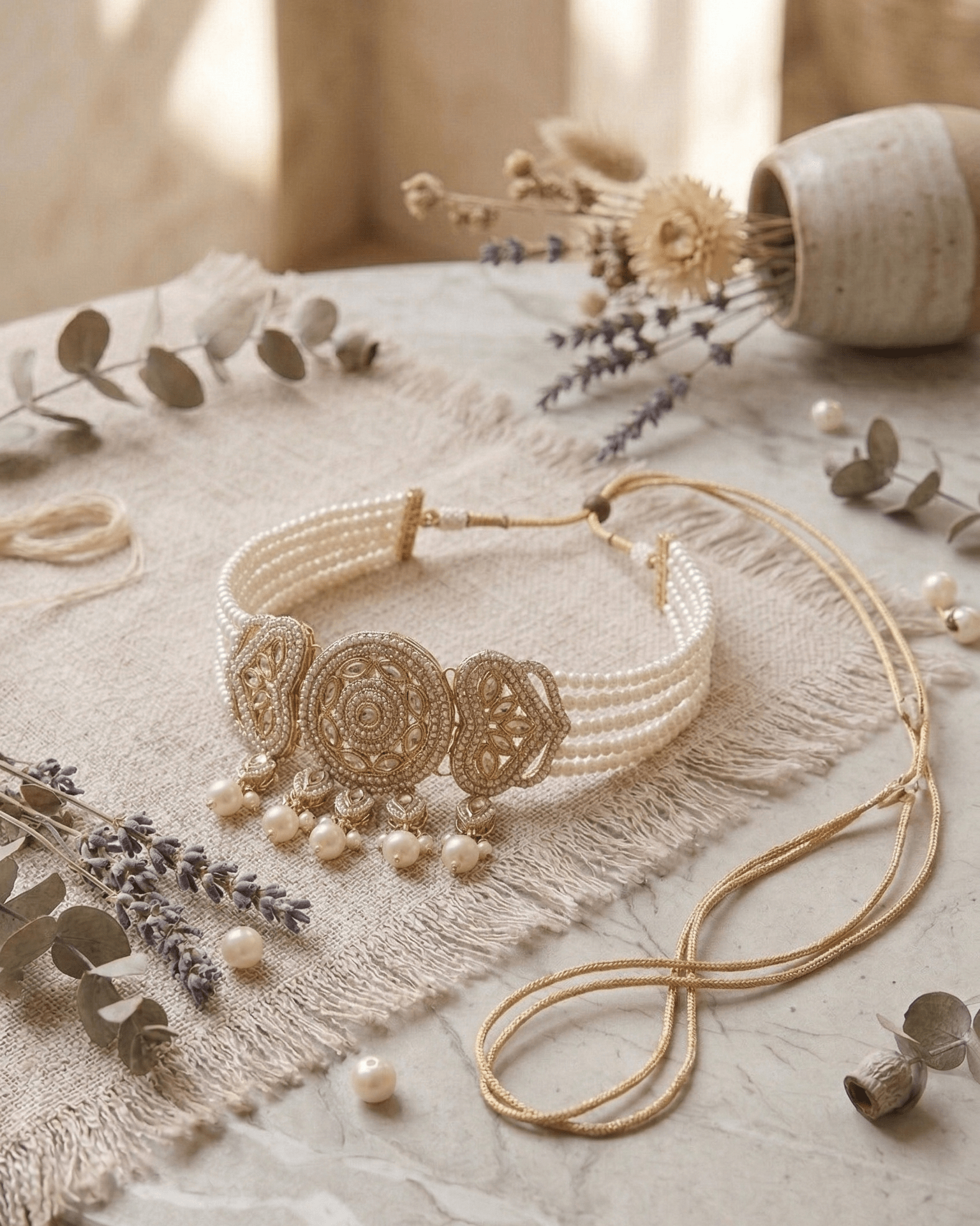 Royal Pearl & Emerald White Choker Set with Earrings and Maang Tikka - Sannu Fashion Store