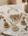 Royal Pearl & Emerald White Choker Set with Earrings and Maang Tikka - Sannu Fashion Store
