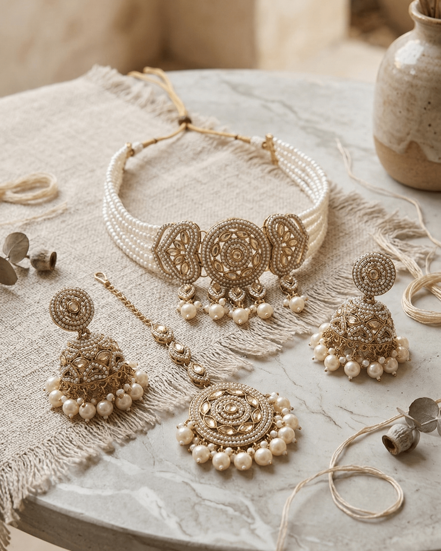 Royal Pearl & Emerald White Choker Set with Earrings and Maang Tikka - Sannu Fashion Store