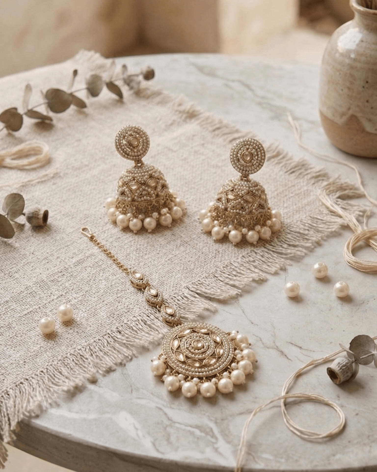 Royal Pearl & Emerald White Choker Set with Earrings and Maang Tikka - Sannu Fashion Store