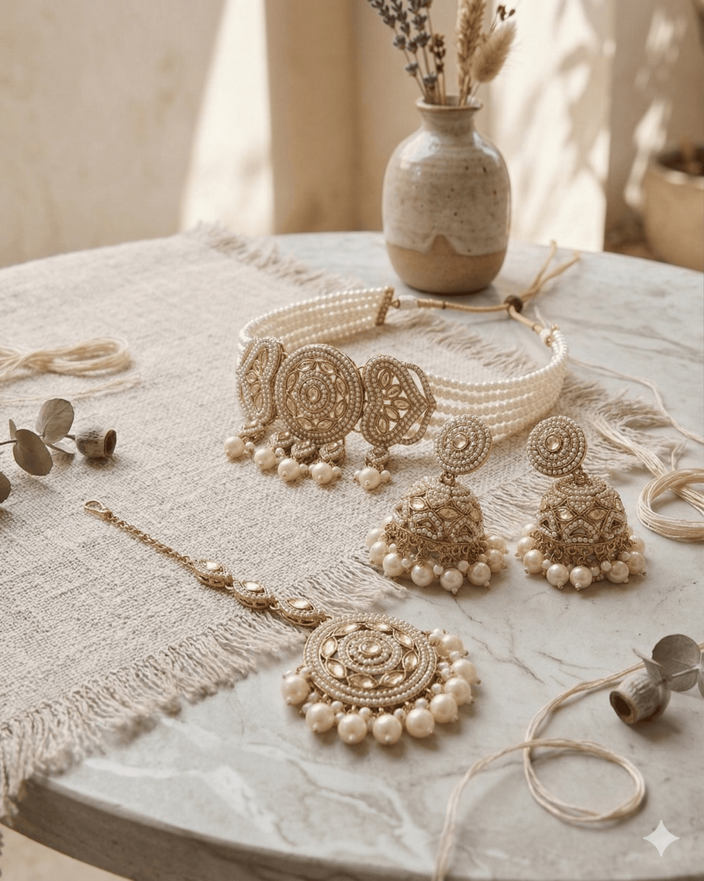 Royal Pearl & Emerald White Choker Set with Earrings and Maang Tikka - Sannu Fashion Store