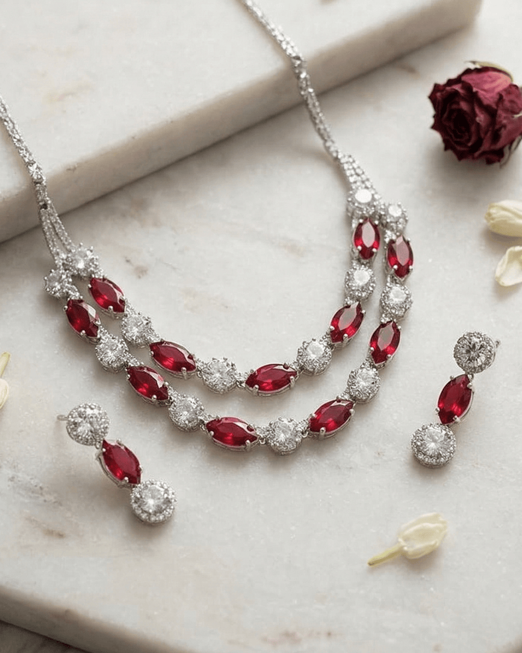 Ruby Elegance Double Layer Necklace Set with Earrings - Sannu Fashion Store