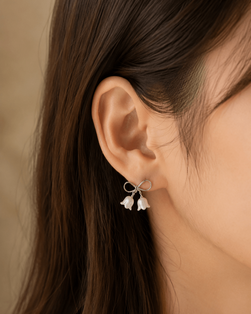 Silver Bow Tulip Pearl Drop Earrings - Sannu Fashion Store