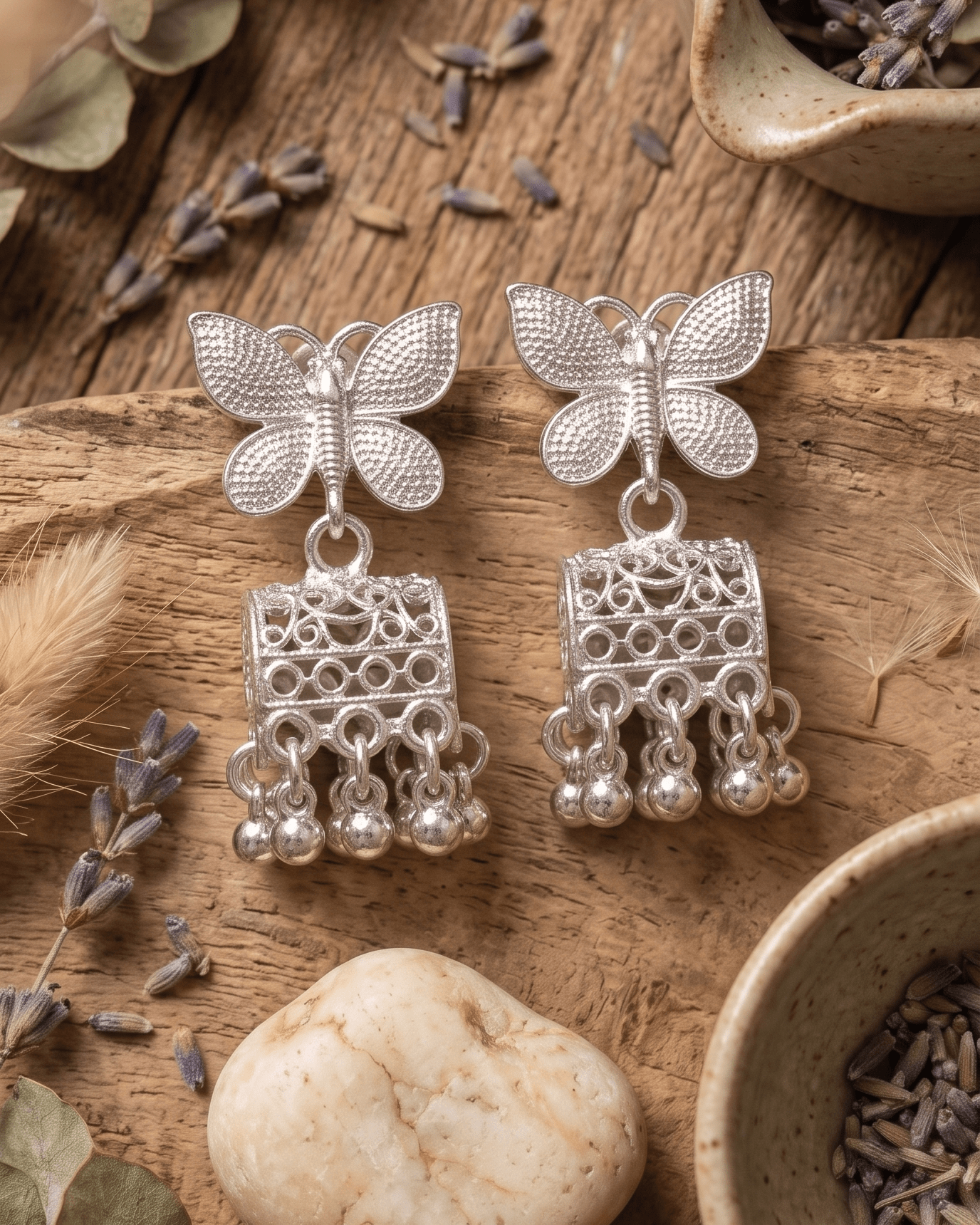 Silver Butterfly Ghungroo Drop Earrings - Sannu Fashion Store