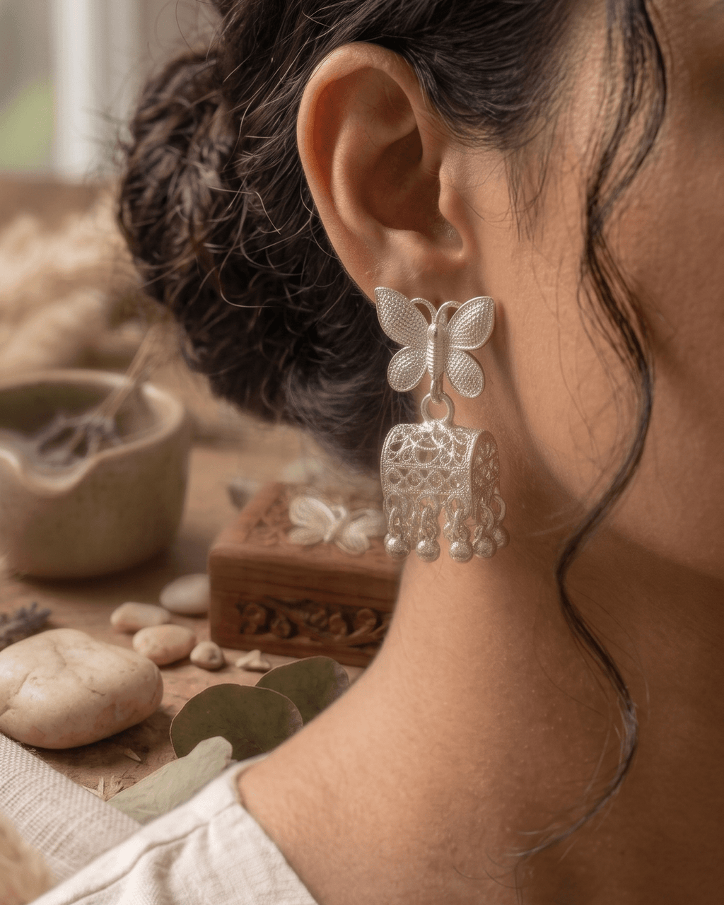 Silver Butterfly Ghungroo Drop Earrings - Sannu Fashion Store