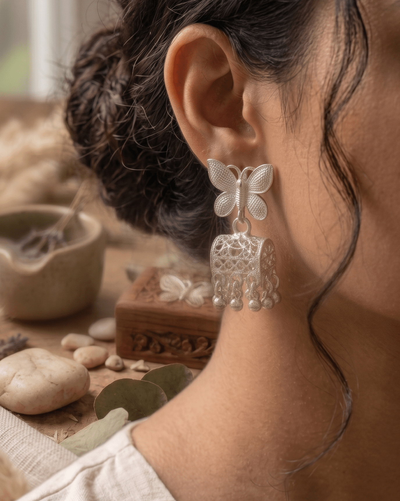 Silver Butterfly Ghungroo Drop Earrings - Sannu Fashion Store